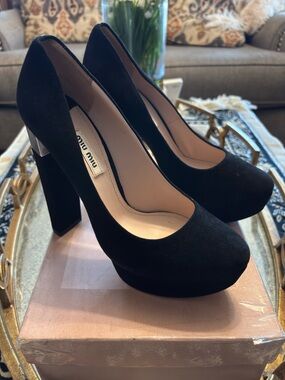 Miu Miu Black Suede Platform Pumps with Block Heel Size 38.5